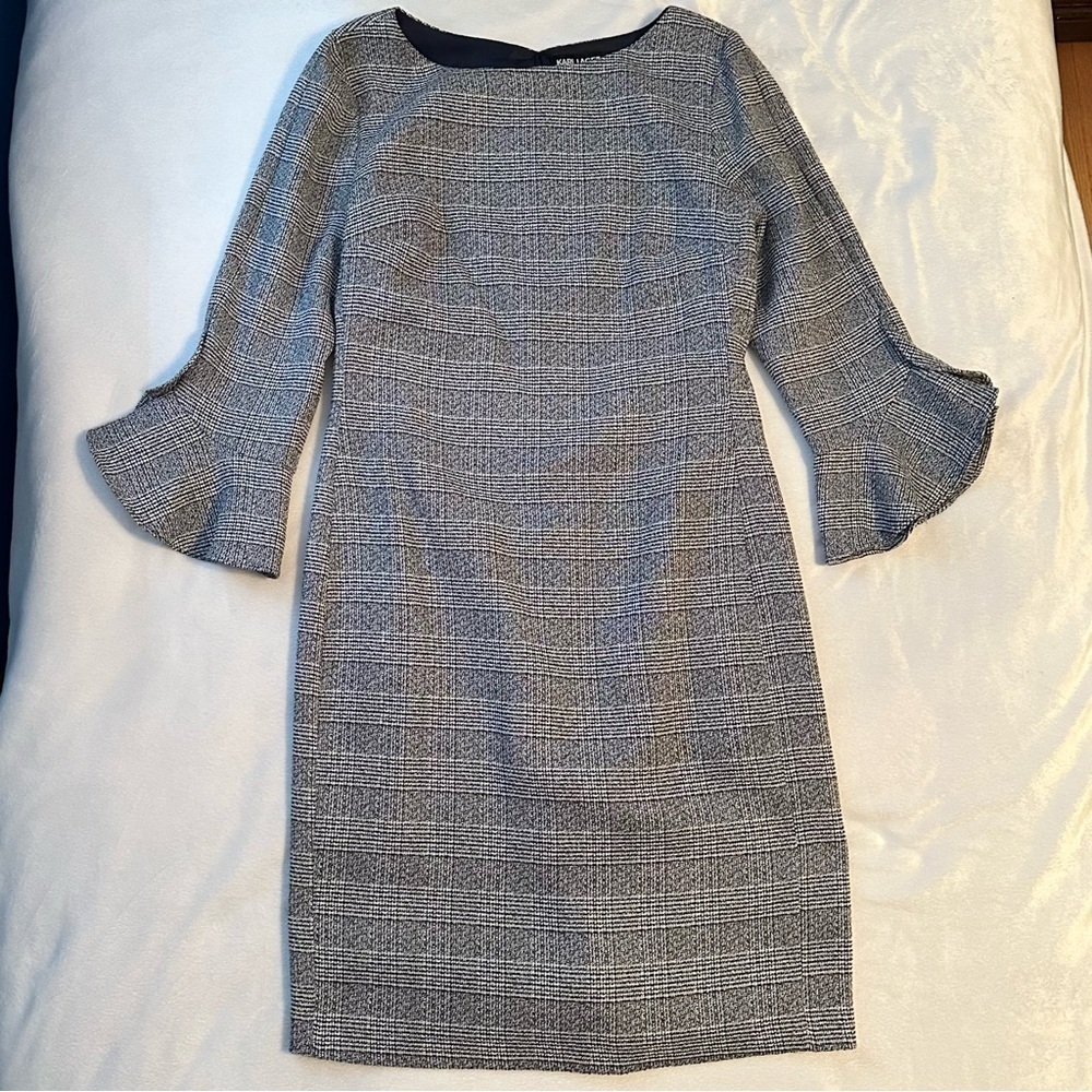 Karl Lagerfeld Plaid Ponte Knit Bell Ruffle Sleeve Sheath Dress 4 Black White